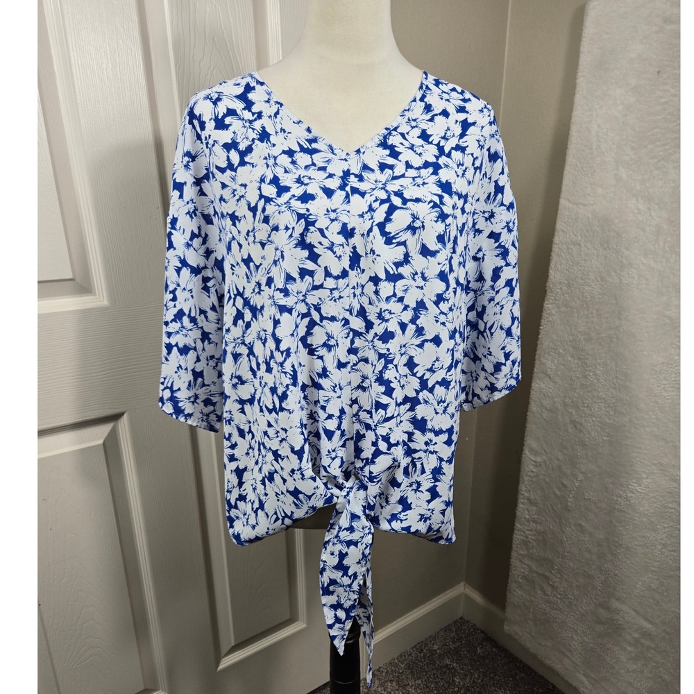 ViiShow Women's XL Blue & White Floral Print Tie Front‎ Blouse Top